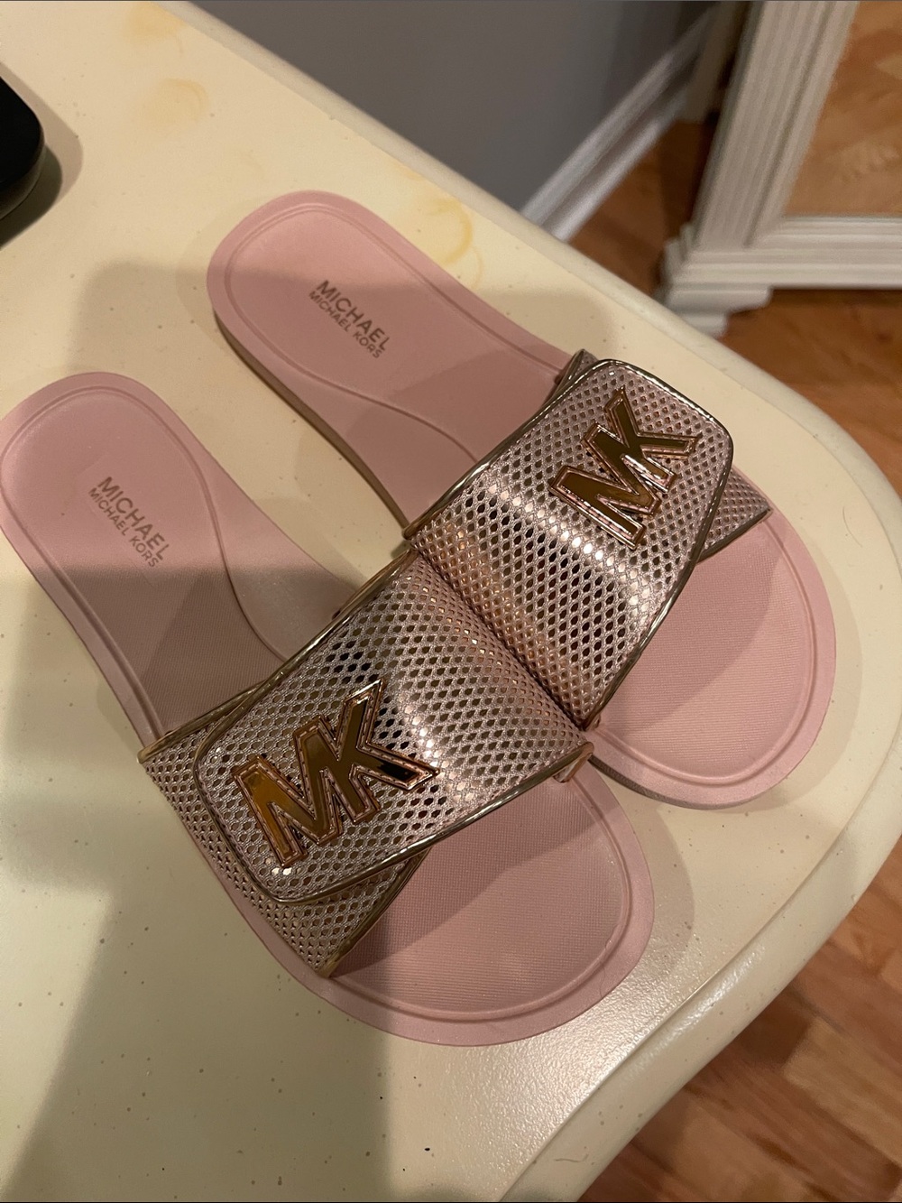 Michael Kors Pink Slide Sandals with Gold MK Accent